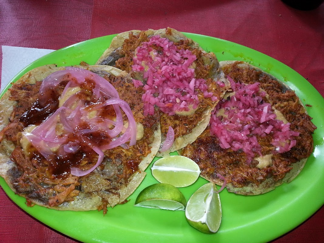 Clientes disfrutando de panuchos y cochinita pibil en Porton Maya