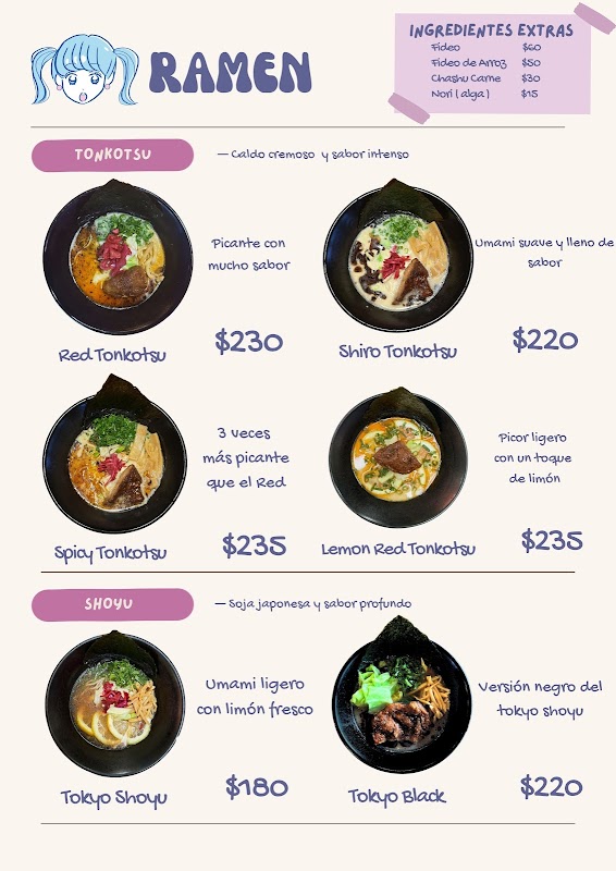 Interior de Vegan Ramen Mei Del Valle con clientes en mesas y carteles de ramen vegetal