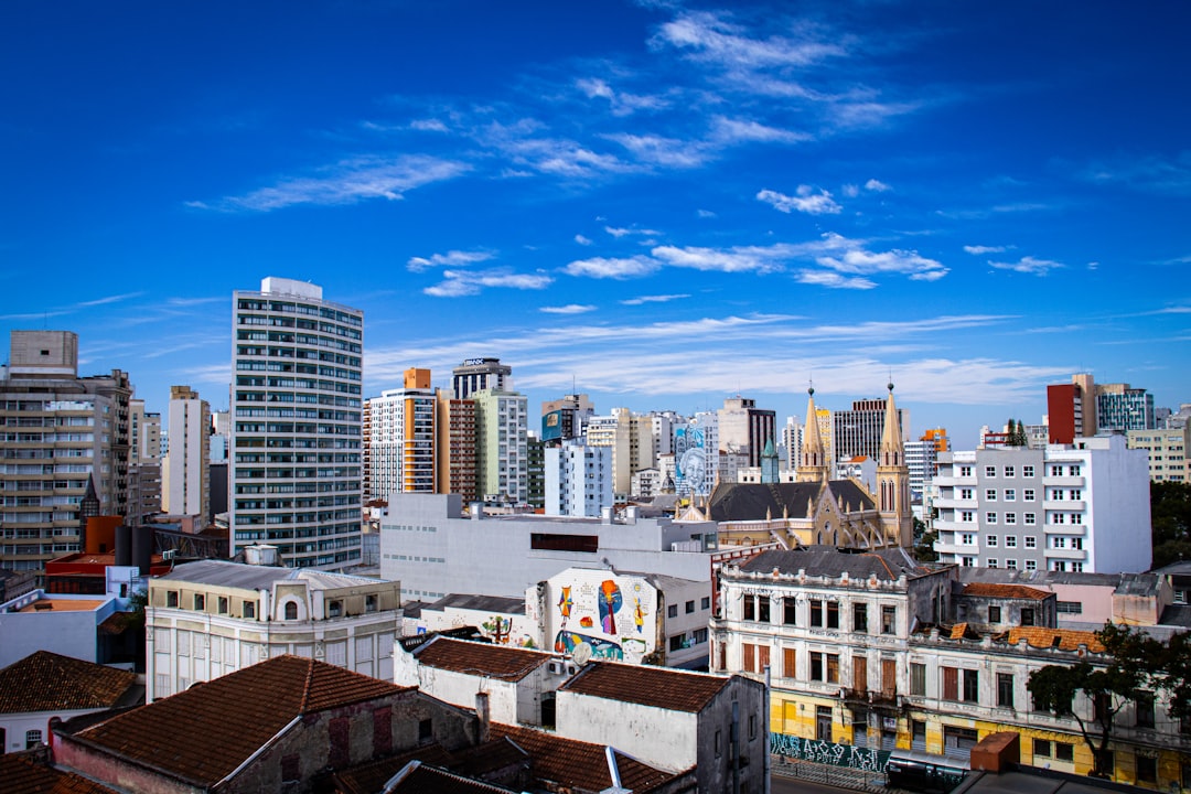 A view of a city with tall buildings