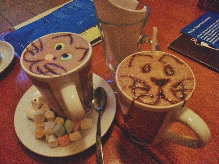 Café El Gato Café en la calle Francisco I. Madero 833, mostrando el robot gato en la entrada y una mesa con carbonara y cheesecake.