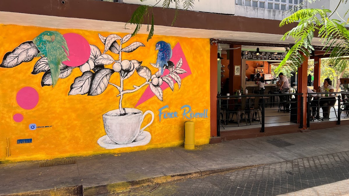 Exterior de Café Finca Riveroll con ventanas abiertas y mesas de madera bajo sombra de árboles