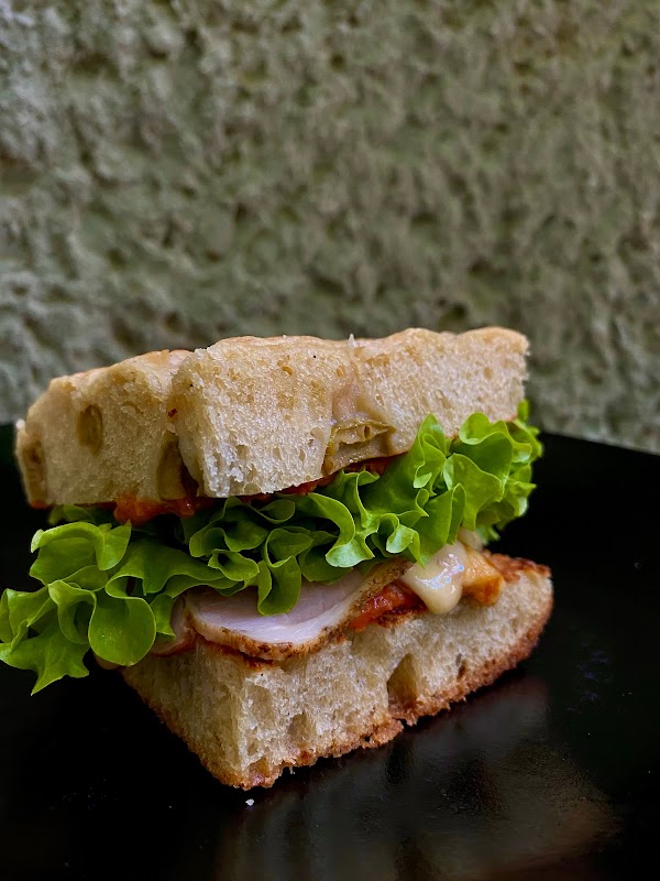 Masa Madre Café – foto del burrata toast en plato blanco, con el patio verde de fondo