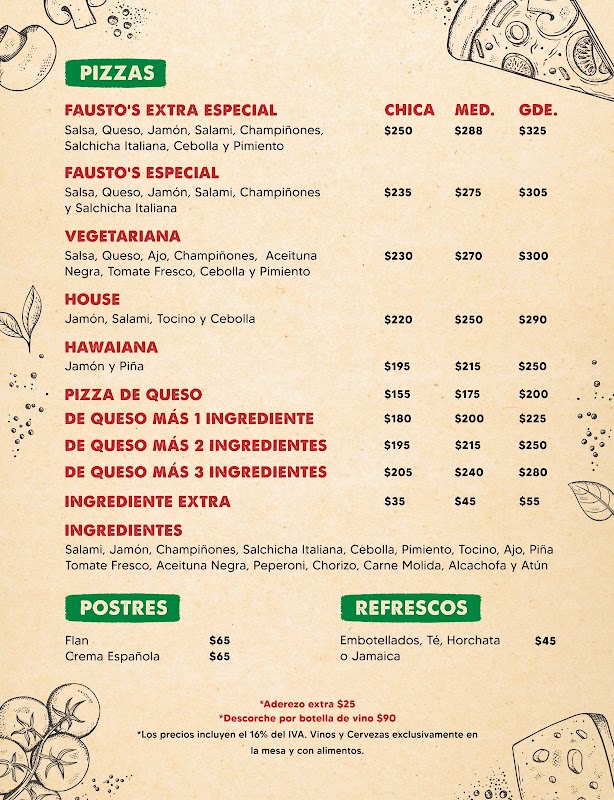 Vista exterior de Fausto's con su letrero y una pizza recién salida del horno en primer plano