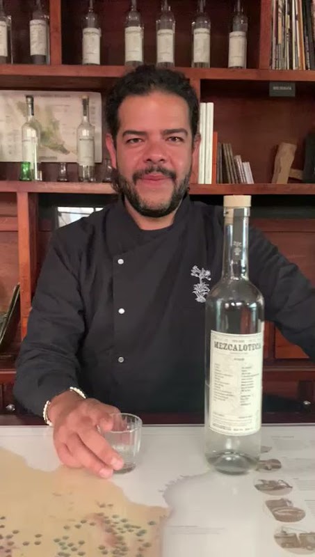 República Cozana mostrando tacos de chapulines y una fila de mezcales artesanales
