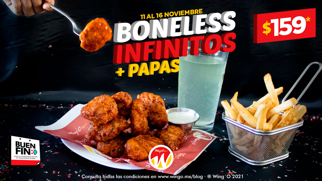 Exterior de Wing'O Río Blanco con su letrero rojo y una hamburguesa jugosa en primer plano