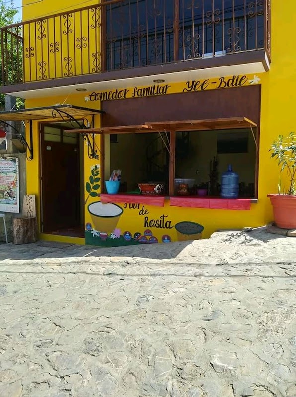 Comedor familiar La flor de rosita con su cocina abierta, una tlayuda cubierta de tasajo y una jarra de tejate