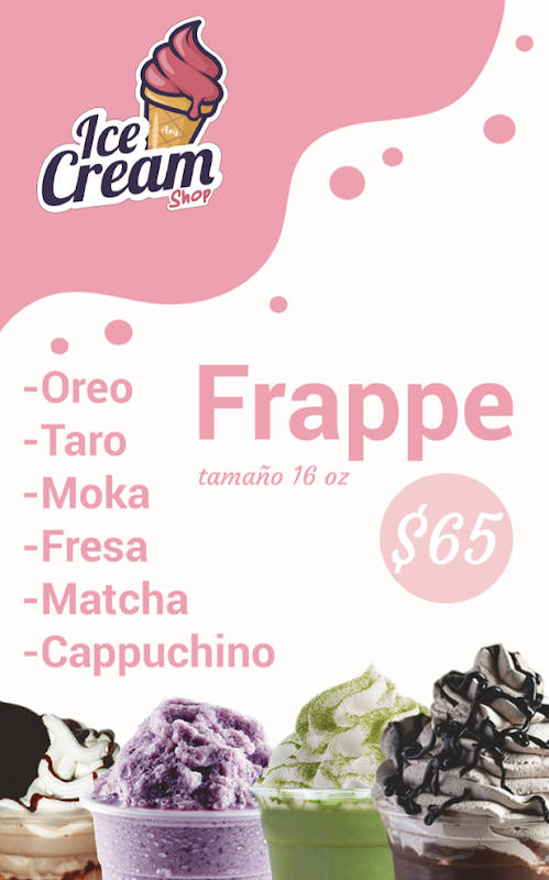 Ice Cream Shop Aris — mostrador con helados de nieve artesanal, donuts y frappé de frutas, cliente tomando helado