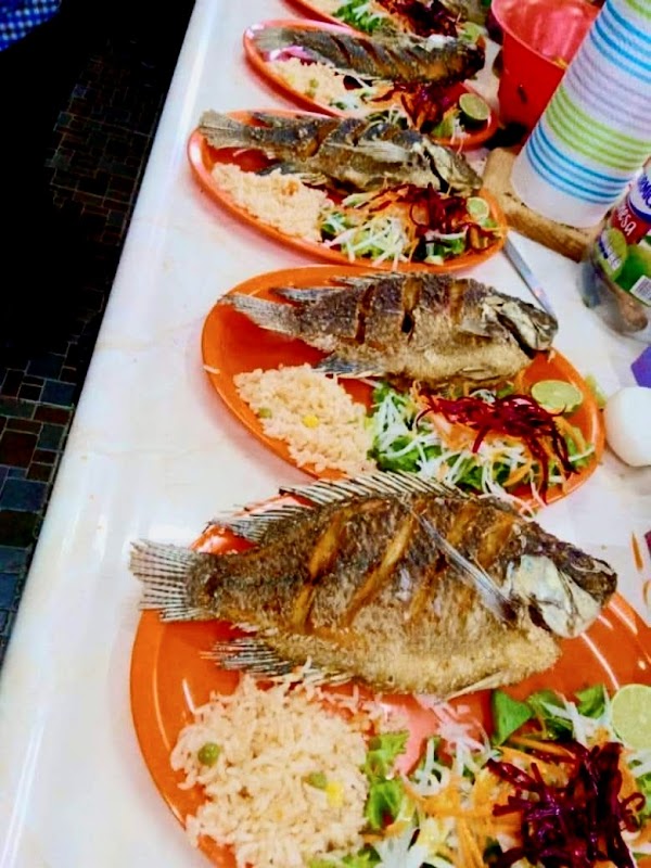 Mariscos El Capitán sirviendo una cazuela de camarones y pescado fresco en la barra de la calle J