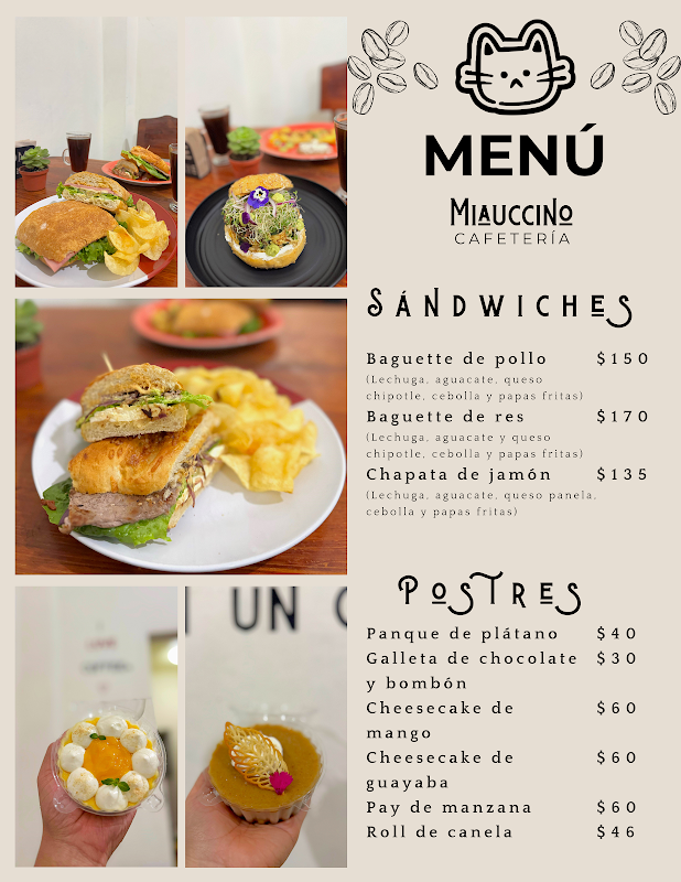 Miauccino cafetería con su fachada de ladrillos y una mesa de desayuno con chilaquiles y chai tea — interior shot