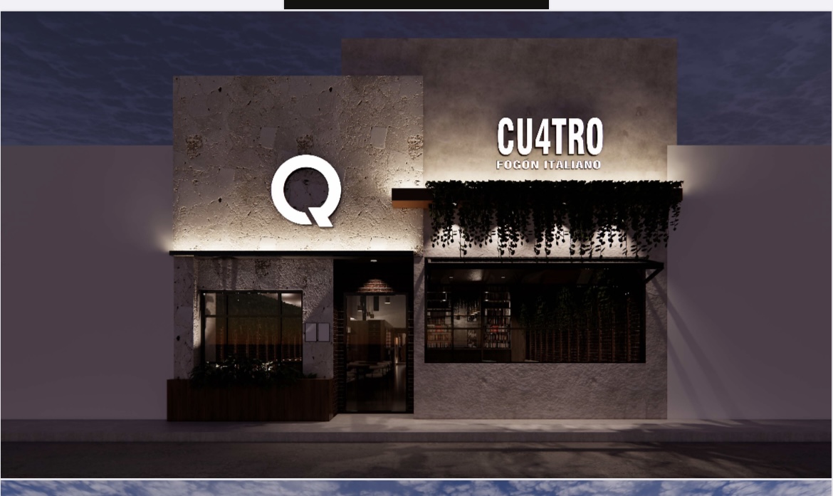 Exterior of Quattro Fogon Italiano on Río Yaqui with its neon sign, and a close‑up of a hanger steak on the plate