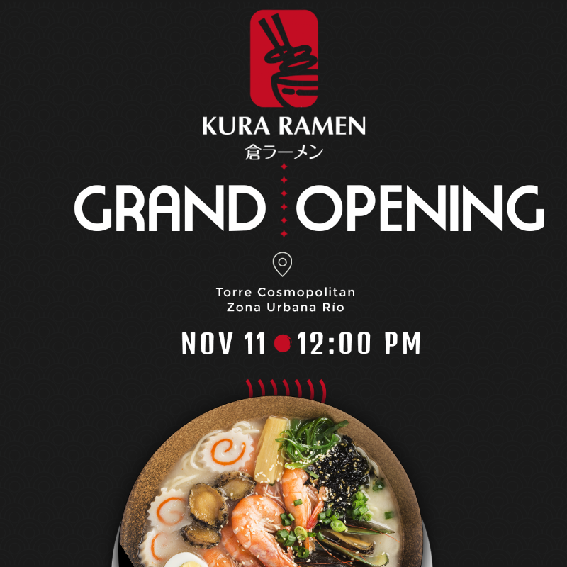 Tazón humeante de ramen en Kura Ramen — primer plano del caldo, fideos y toppings
